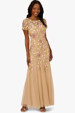 Adrianna Papell Mermaid Beaded Vine Detail Mesh Dress