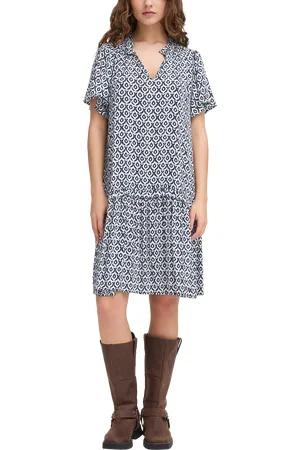 Ichi Marrakech Ikat Tile Print Smock Knee Length Dress