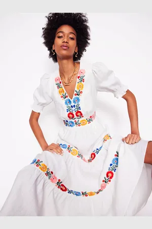Boden Anna Linen Embroidered Tiered Midi Dress