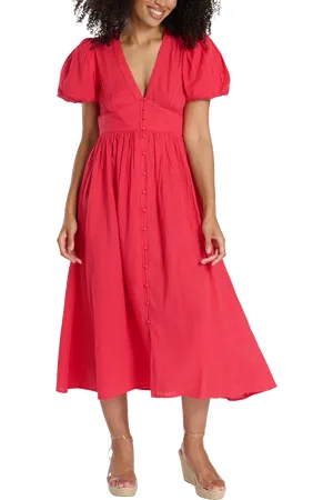 South Beach Puff Sleeve Button Detail Midi Dress