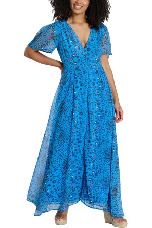 South Beach Printed Metallic Chifon Button Detail Midi Dress