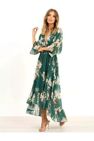 Yumi Floral Kimono Sleeves Dip Hem Wrap Midi Dress