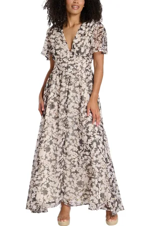 South Beach Printed Metallic Chiffon Button Detail Midi Dress
