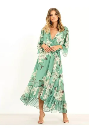 Yumi Floral Kimono Sleeves Dip Hem Wrap Midi Dress