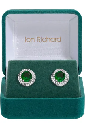 Jon Richard Rhodium Plated Cubic Zirconia Emerald Halo Stud Earrings
