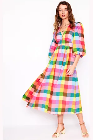 Boden Lola Check Blouson Sleeve Midi Dress