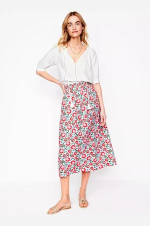 Boden Floral Double Cloth Smocked Cotton Midi Skirt