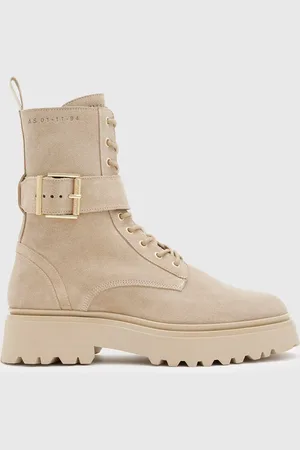 AllSaints Onyx Buckle Detail Suede Lace-Up Ankle Boots, Sand