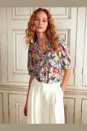 Boden Floral Short Sleeve Frill Neck Detailed Silk Top
