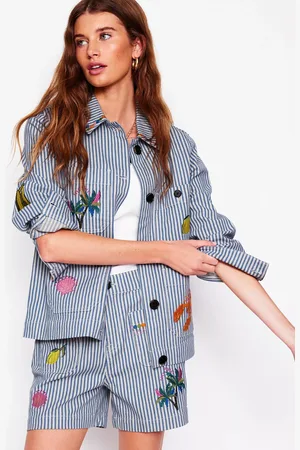 Boden Stripe Embroidered Icons Denim Shorts