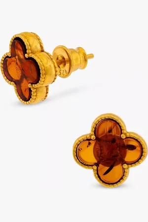 Be-Jewelled Baltic Cognac Amber Clover Stud Earrings