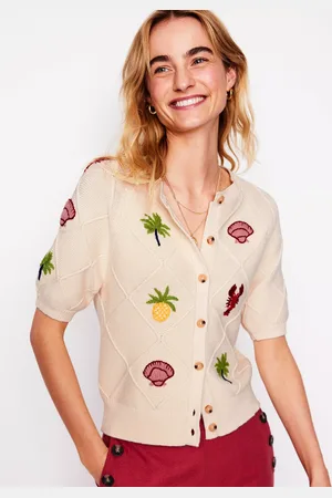 Boden Tropical Embroidered Cotton Knit Short Sleeve Cardigan
