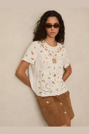 Reiss Iyla Short Sleeve Floral Cut Out Embroidered Top