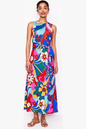 Boden Floral Tie Waist Sleeveless Mixed Blend Trapeze Dress