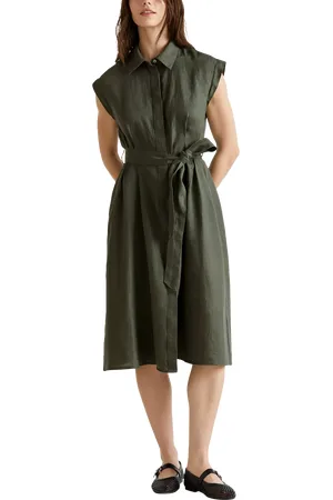 Benetton Sleeveless Tie Waist Pure Linen Shirt Dress