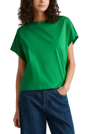 Benetton Cotton Blend Loose Fit Cap Sleeve Slub Jersey T-Shirt