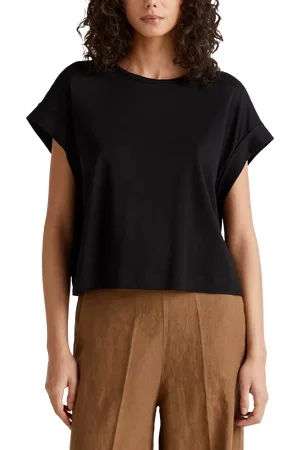 Benetton Cotton Blend Loose Fit Cap Sleeve Slub Jersey T-Shirt