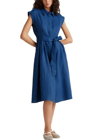 Benetton Belted Sleeveless Shirt Pure Linen Midi Dress
