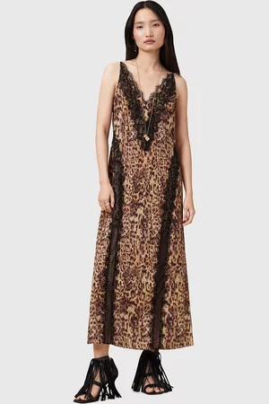 AllSaints Melia Animal Print Lace Trim Maxi Dress