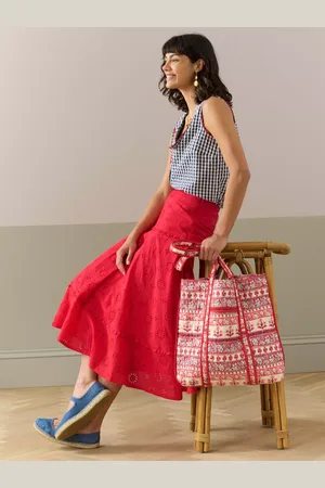 BRORA Organic Cotton Broderie Frill Midi Skirt, Navy