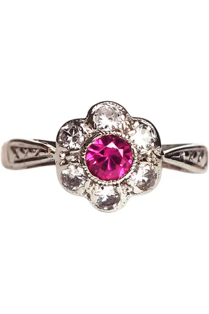 L & T Heirlooms Pre-Loved Rhodium Plated 9ct Yellow Gold Ruby and Cubic Zirconia Floral Cluster Ring