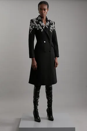 Karen Millen Tailored Wool Blend Embellished Double Breasted Midi Coat