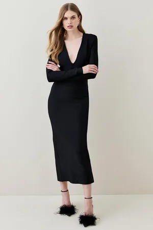 Karen Millen Bandage Form Fitting Deep V-Neck Midi Knit Dress