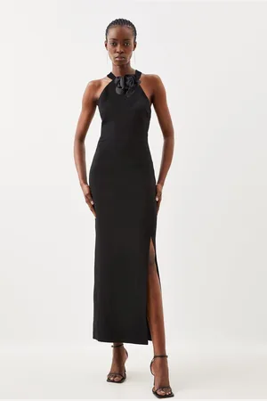 Karen Millen Compact Viscose Small Corsage Detail Tailored Halterneck Midaxi Dress