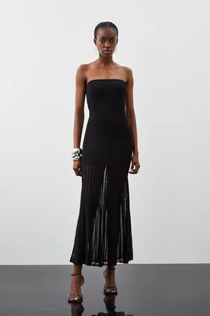 Karen Millen Viscose Blend Sheer Knit Bandeau Pleated Skirt Maxi Dress