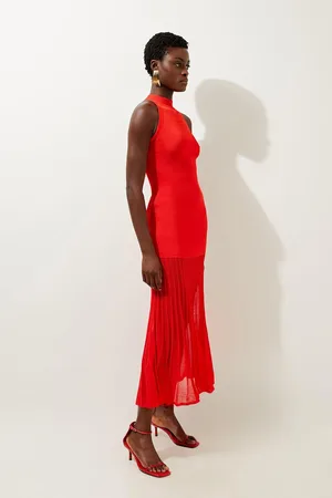 Karen Millen Petite Viscose Blend Knit Halter Neck Sheer Skirt Maxi Dress
