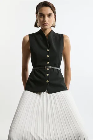 Karen Millen Compact Stretch Fluid Tailored Belted Pleated Full Skirt Maxi Dress