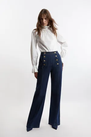 Karen Millen Denim Tailored Button Front Straight Leg Jeans