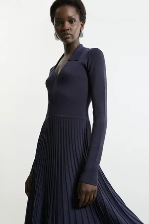 Karen Millen Collared Contrast Colour Block Full Skirted Midi Knit Dress