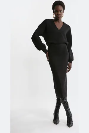 Karen Millen Wool Look Blouson Sleeve Midi Knit Pencil Dress