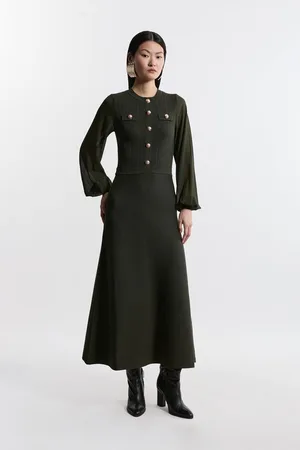 Karen Millen Tall Viscose Blend Maxi Knit Dress With Chiffon Sleeve Military Trim