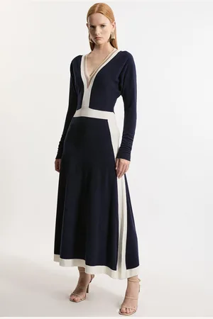 Karen Millen Wool Blend With Cashmere V Neck Colour Block Dress