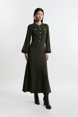 Karen Millen Petite Viscose Blend Maxi Knit Dress With Chiffon Sleeve Military Trim