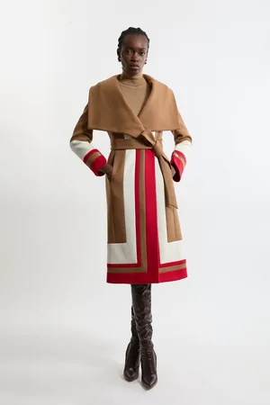 Karen Millen Premium Italian Manteco Wool Colour Block Tailored Belted Midi Coat