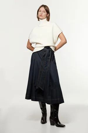 Karen Millen Tailored Denim Full Skirted Belted Midaxi Skirt
