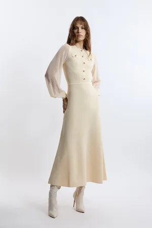 Karen Millen Viscose Blend Maxi Knit Dress With Chiffon Sleeve Military Trim