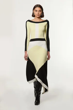 Karen Millen Viscose Blend Knit Asymmetric Colour Block Dress