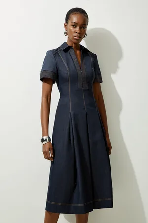 Karen Millen Tailored Denim Full Skirted Midi Shirt Dress