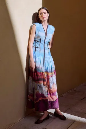 Karen Millen Silk Cotton Strong Shoulder Stallion Print Belted Woven Midi Dress