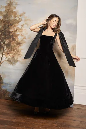Karen Millen Lydia Millen Velvet Bardot Woven Prom Midaxi Dress With Taffeta Bow