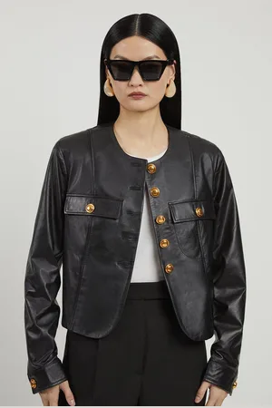 Karen Millen Leather Button Through Collarless Jacket