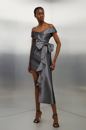 Karen Millen Tailored Off Shoulder Metallic Bow Drape Detail Mini Dress