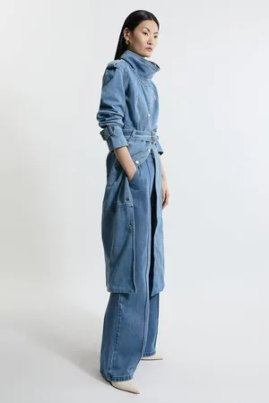 Karen Millen Denim Funnel Neck Belted Maxi Coat