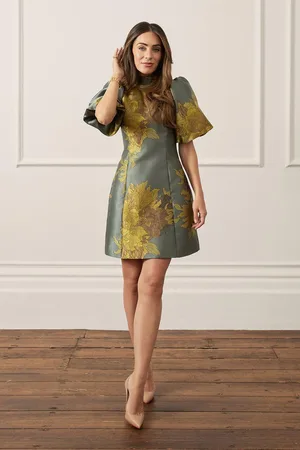 Karen Millen Lydia Millen Jacquard Mini Dress With Tie Detail And Puff Sleeve