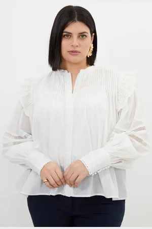 Karen Millen Plus Size Cotton Lace Trim High Neck Woven Top