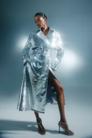 Karen Millen Metallic Faux Leather Belted Trench Coat